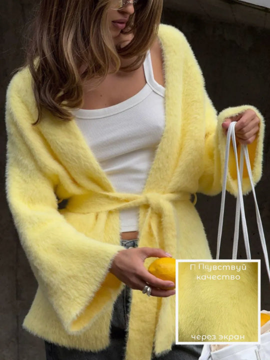 Damen Flauschige Strickjacke mit Gürtel Shop Nory