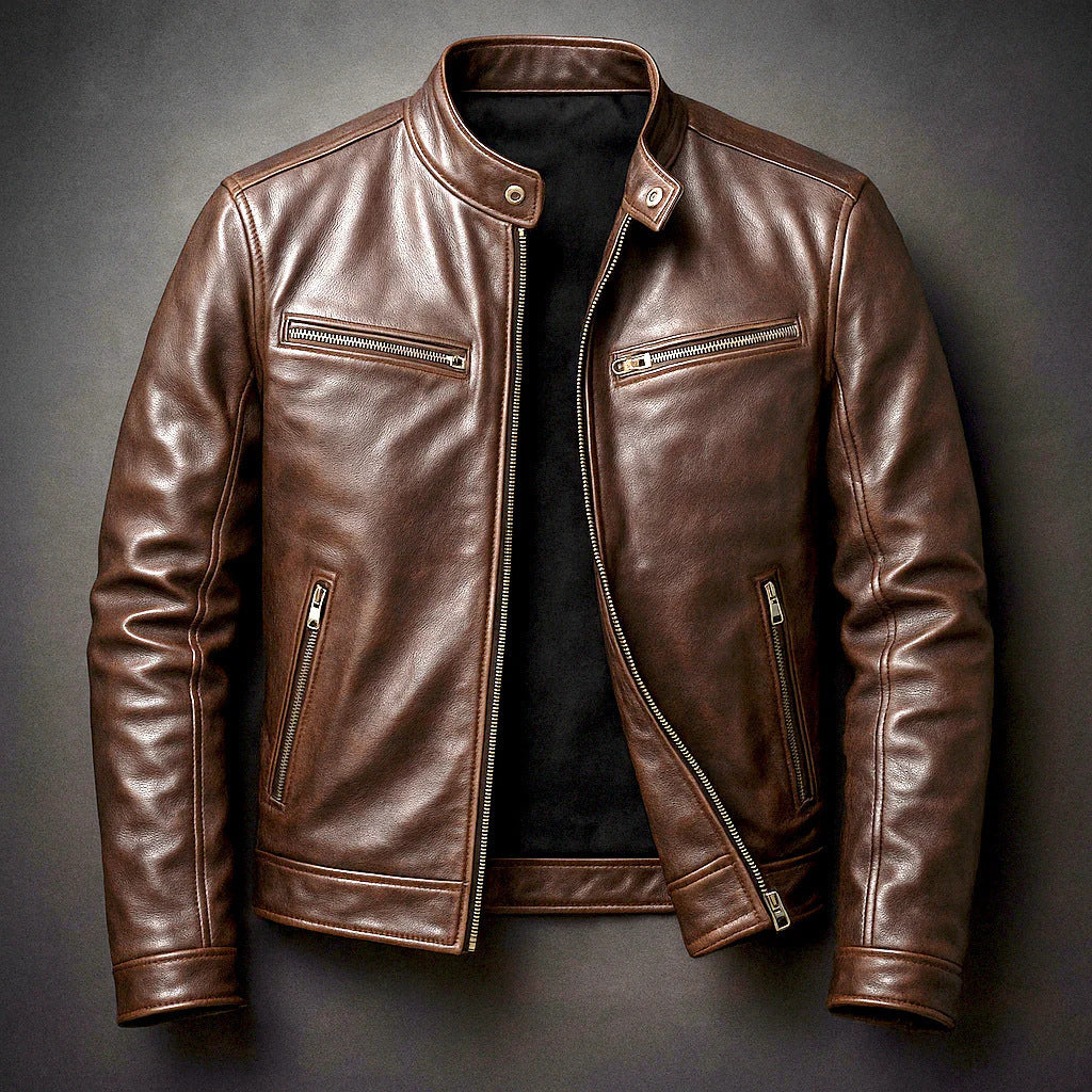 Herren Schmal geschnittene Biker-Lederjacke aus Nappaleder mit Stehkragen und Reißverschluss Shop Nory