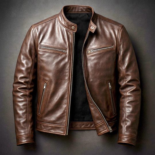Herren Schmal geschnittene Biker-Lederjacke aus Nappaleder mit Stehkragen und Reißverschluss Shop Nory