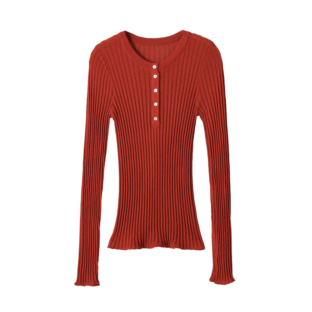 Damen Figurbetontes geripptes Langarm-Feinstrickshirt mit Henley-Knopfleiste Shop Nory