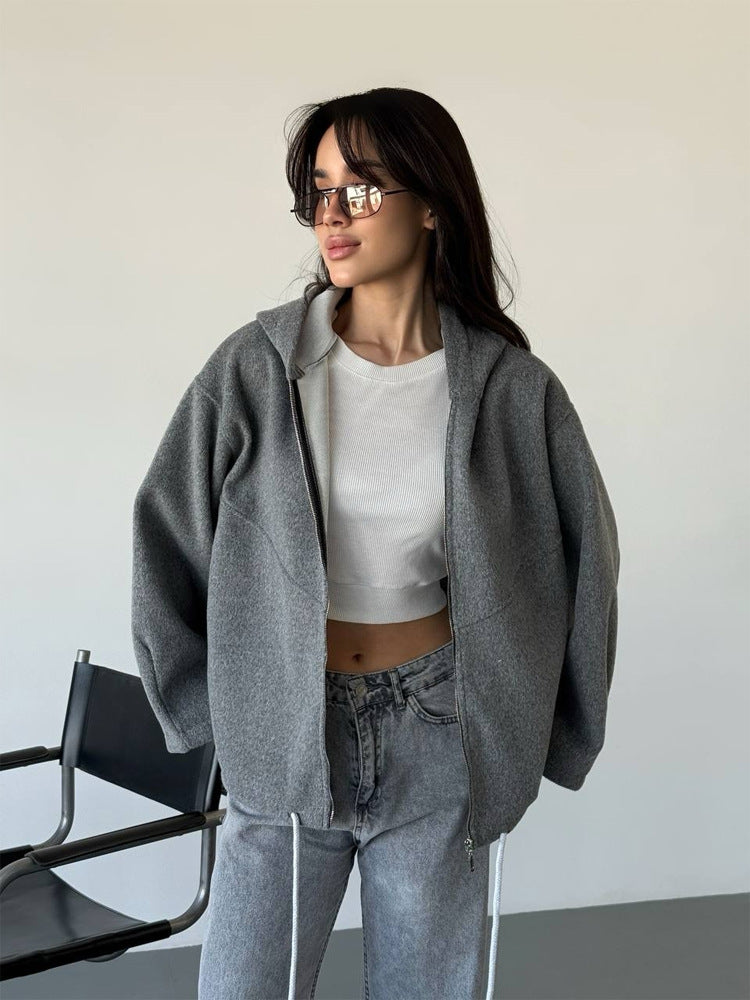 Damen Oversize Kapuzenjacke mit Reißverschluss und Tunnelzugsaum Shop Nory