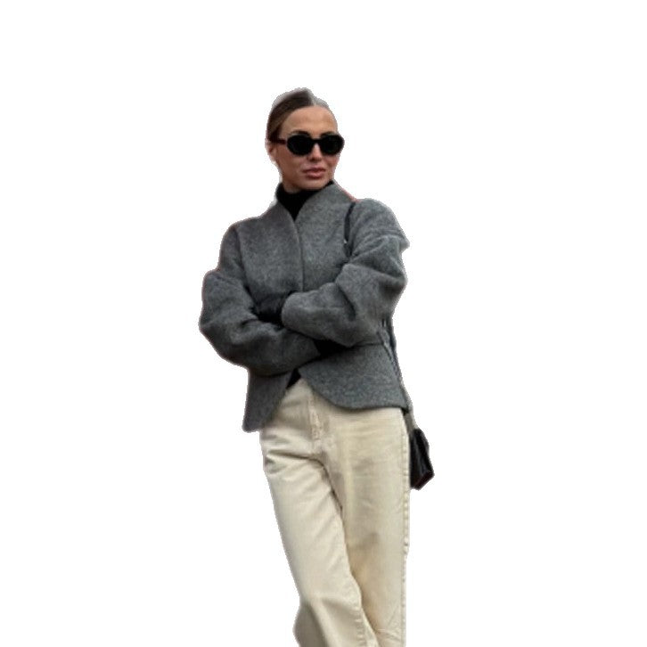 Damen Kurze Wolljacke mit Ballonärmeln und kastiger Silhouette Shop Nory