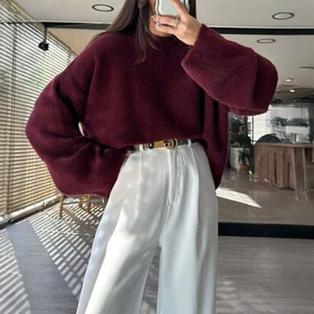 Damen nan kuscheliger Oversize-Strickpullover mit Rundhalsausschnitt und voluminösen Ballonärmeln Shop Nory