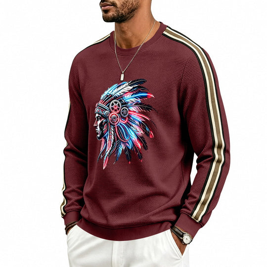 Herren Sweatshirt mit Federkopfschmuck-Print, Waffelstruktur und kontrastierenden Schulterstreifen Shop Nory