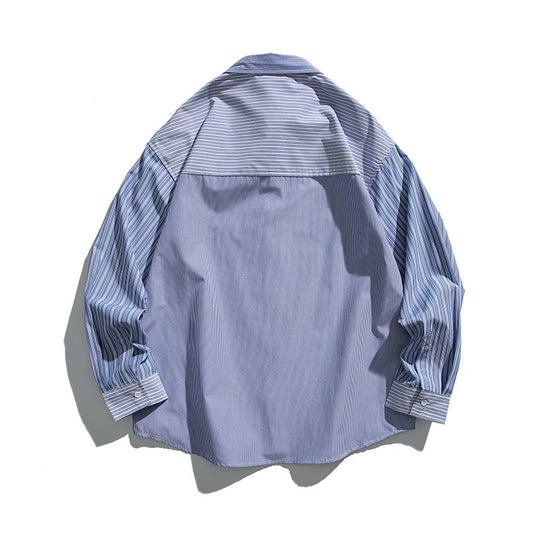 Unisex Oversize-Überhemd mit kontrastierenden Streifenpaneelen und Brustklappentasche Shop Nory