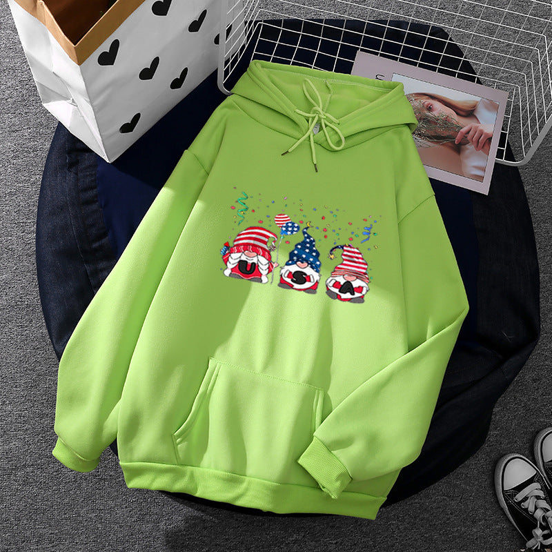 Damen nan Kapuzenpullover mit patriotischem Gartenzwerg-Print, angerautem Fleece-Innenfutter, Oversize-Schnitt und Kängurutasche Shop Nory