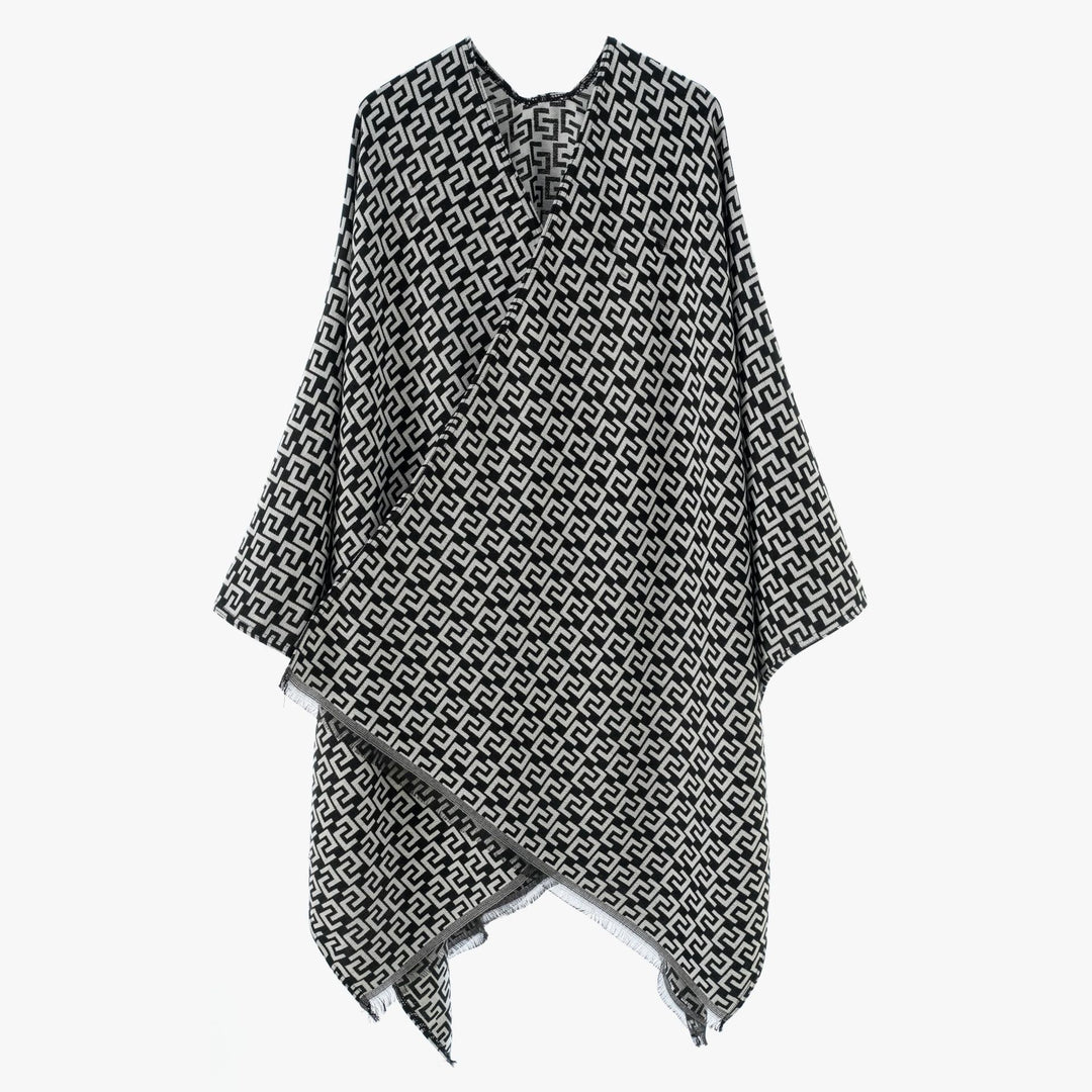 Damen Gewebter Jacquard‑Wickelponcho mit geometrischem Allovermuster und feinem Fransensaum Shop Nory