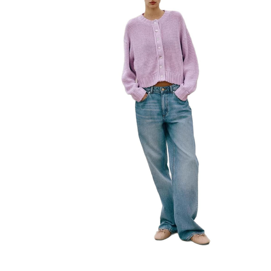 Damen Lockere Cropped-Strickjacke mit Knopfleiste und offener Struktur Shop Nory