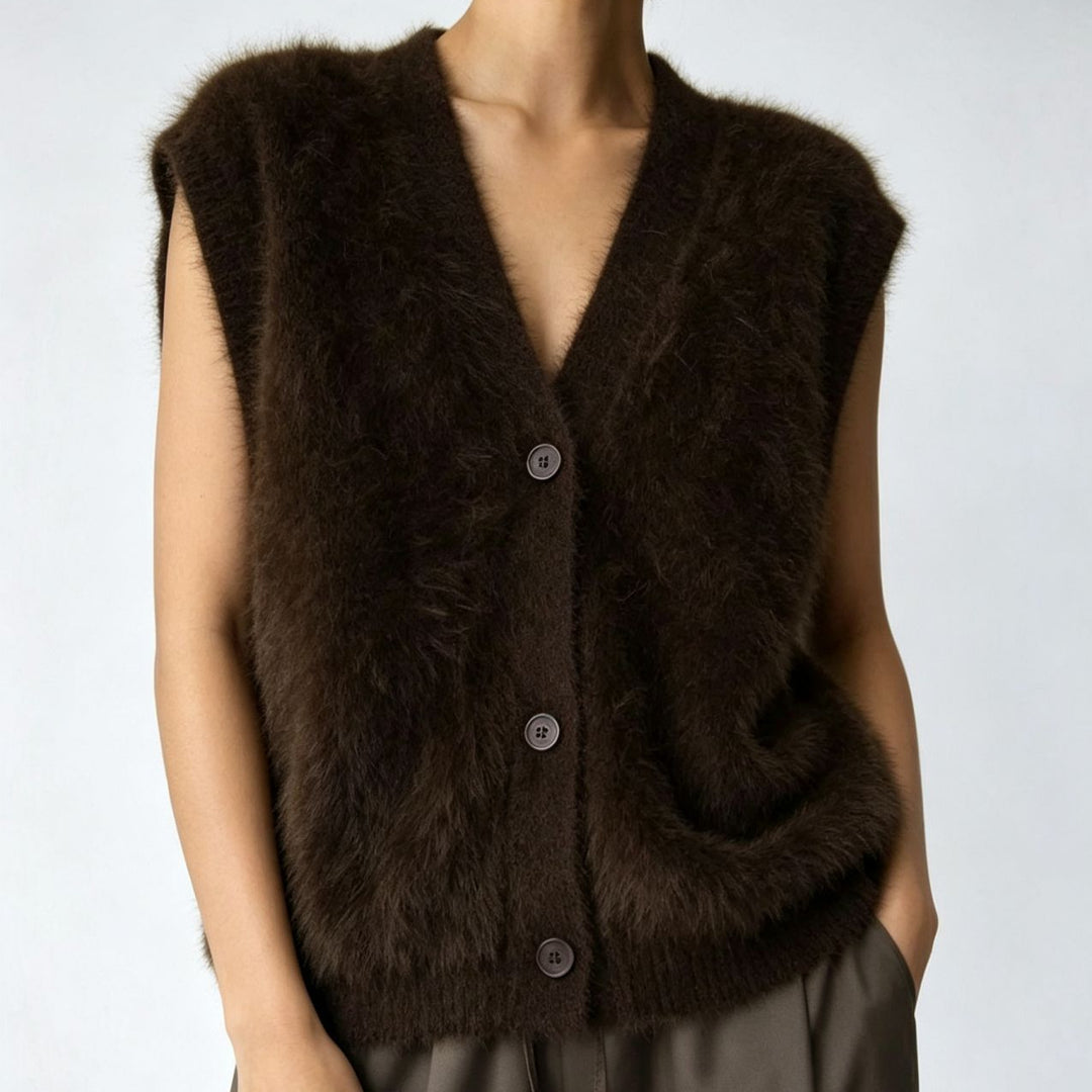 Damen Flauschige ärmellose Knopf‑Weste aus Mohairmix mit tiefem V-Ausschnitt Shop Nory