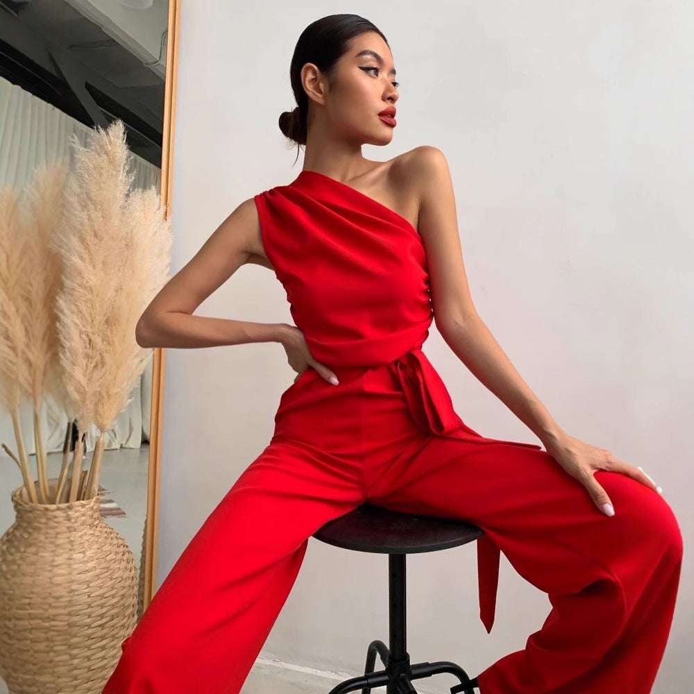 Damen One-Shoulder Jumpsuit mit weitem Bein