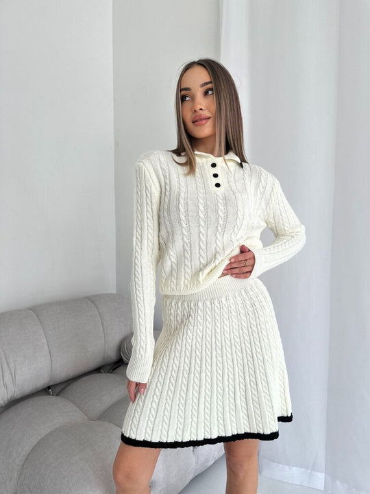 Damen gestricktes Polo-Lounge-Set mit Zopfmuster, tailliertem Cropped-Pullover und A-Linien-Rock Shop Nory