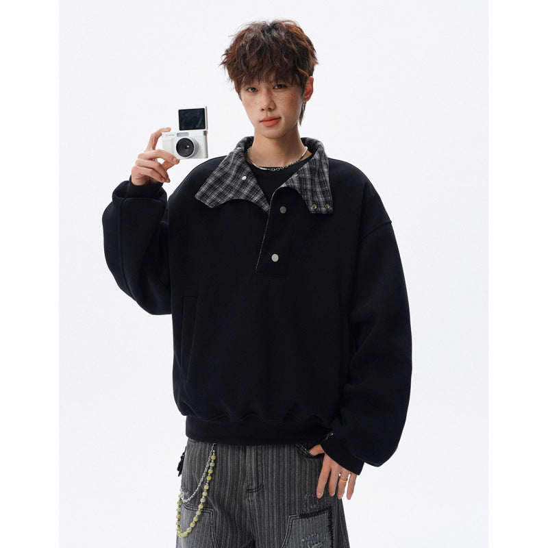 Unisex Oversized Sweatshirt mit abnehmbarem Karo-Kragen und Druckknopfleiste Shop Nory