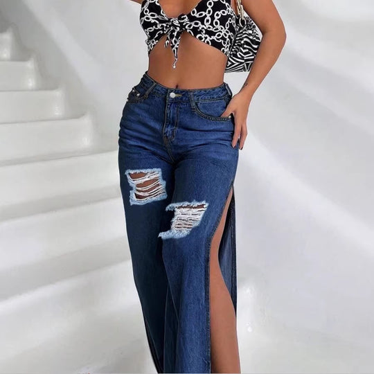 Damen Hochtaillierte Wide-Leg-Jeans mit seitlichen Oberschenkel‑Schlitzen und Knie‑Rips Shop Nory