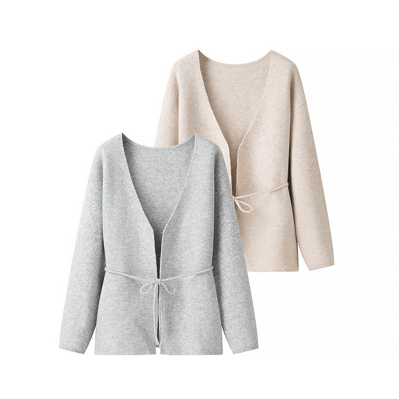 Damen Offener Strickcardigan mit Bindegürtel und V‑Ausschnitt Shop Nory