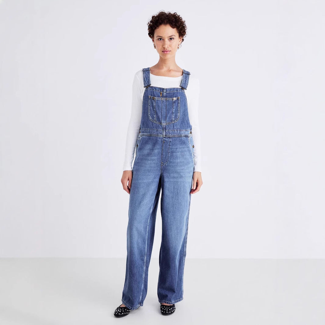 Damen Denim-Latzhose mit weitem Bein und verstellbaren Trägern