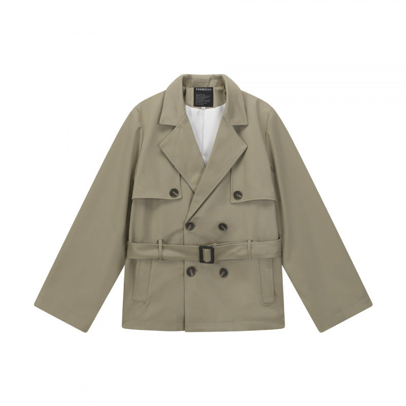 Unisex Kurze doppelte Blouson-Trenchjacke mit Taillengürtel und kastiger Silhouette Shop Nory