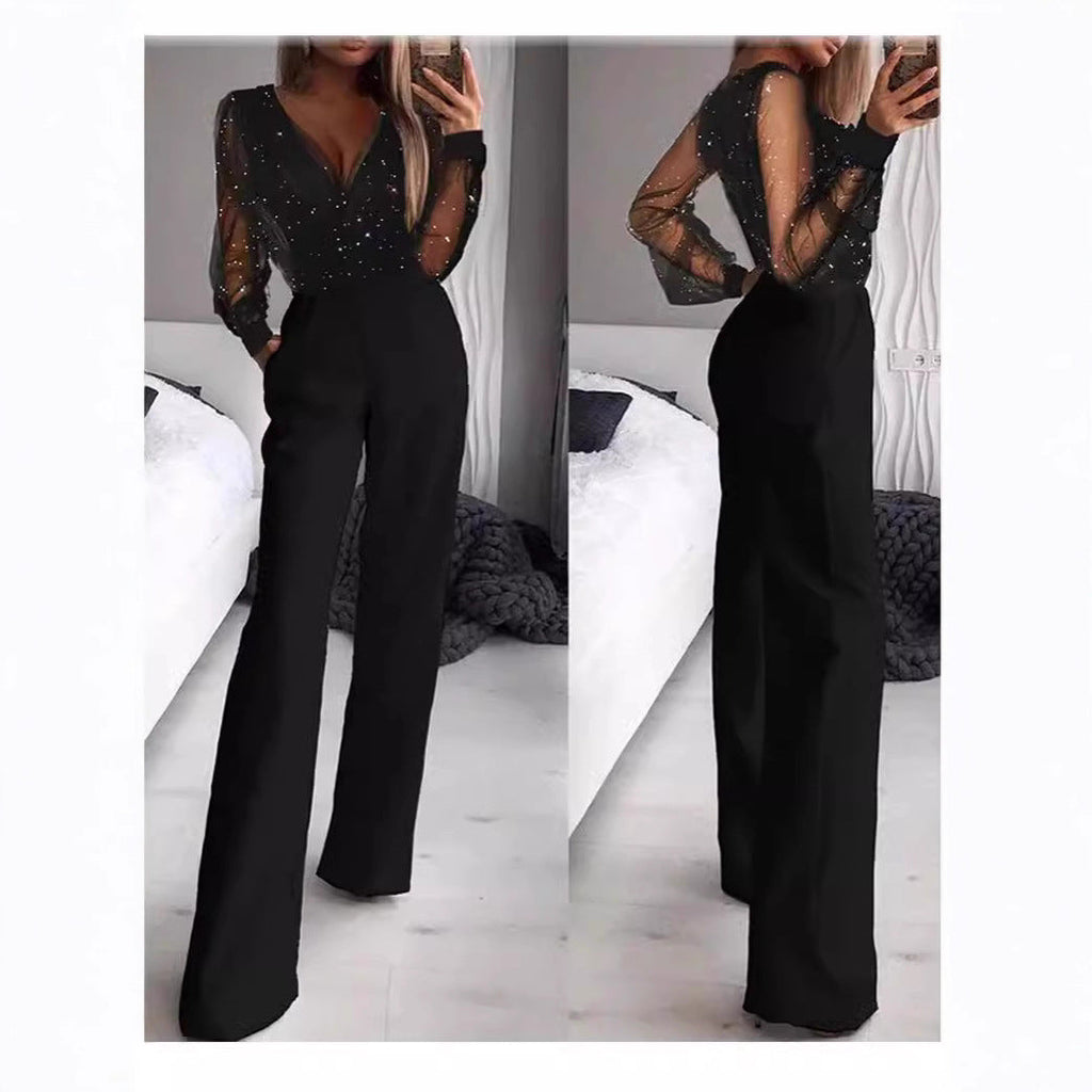Damen Elegante Jumpsuit mit transparenter Bluse und schimmernden Akzenten
