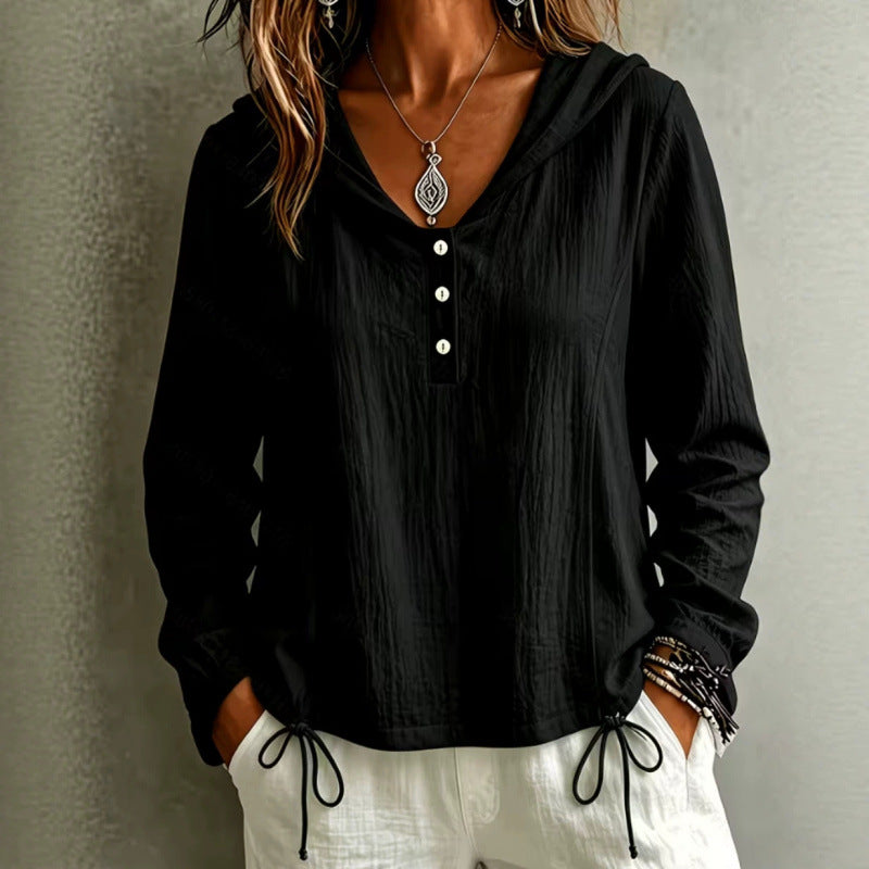 Damen Leichte Kapuzenbluse aus Baumwollcrinkle mit Knopfleiste und Tunnelzugsaum Shop Nory
