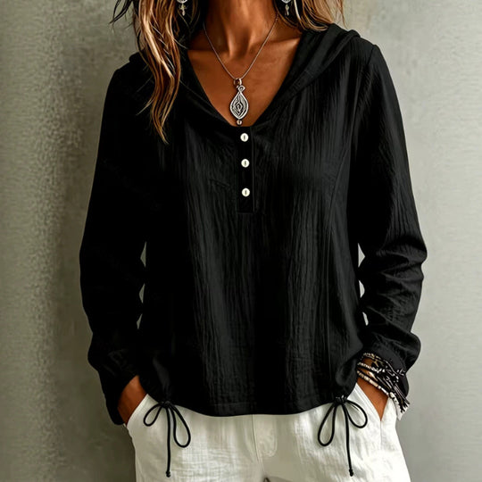 Damen Leichte Kapuzenbluse aus Baumwollcrinkle mit Knopfleiste und Tunnelzugsaum Shop Nory