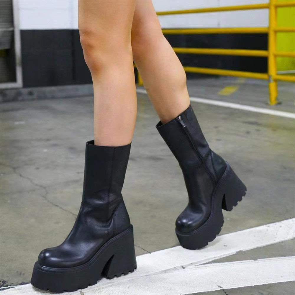 Damen Plateau-Stiefel mit hohem Blockabsatz und modischem Reißverschluss Shopnory