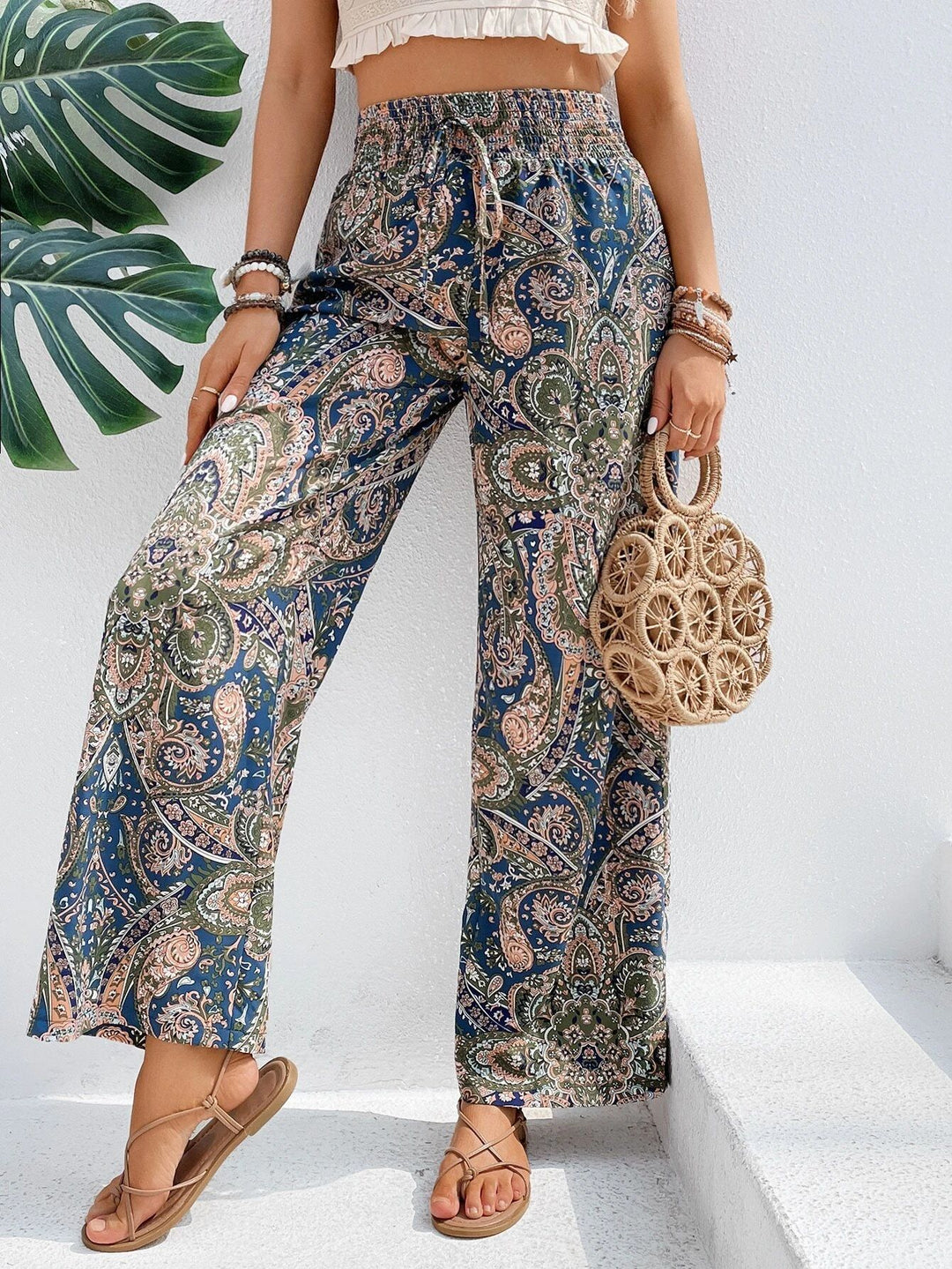 Damen Palazzo-Hose mit weitem Bein, elastischem Smockbund und Paisley-Print Shop Nory
