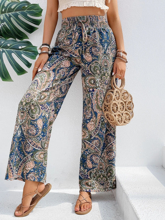Damen Palazzo-Hose mit weitem Bein, elastischem Smockbund und Paisley-Print Shop Nory