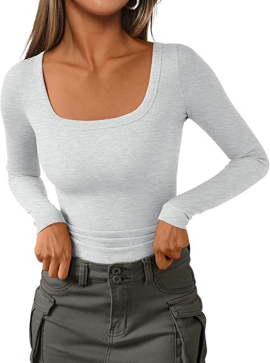 Damen Figurnahes Ripp-Langarmshirt mit weitem Carré-Ausschnitt und Stretch-Baumwollmix Shop Nory