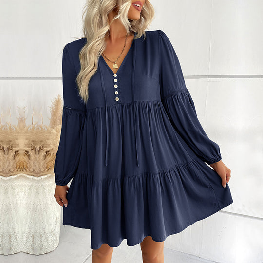 Damen Weiches Stufen-Minikleid mit V-Ausschnitt, Knopfleiste und Ballonärmeln Shop Nory