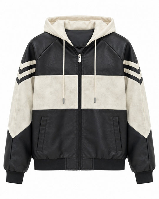 Herren Sportlicher Kapuzen‑Bomber mit Kunstlederoptik, Kontraststreifen und Reißverschluss Shop Nory