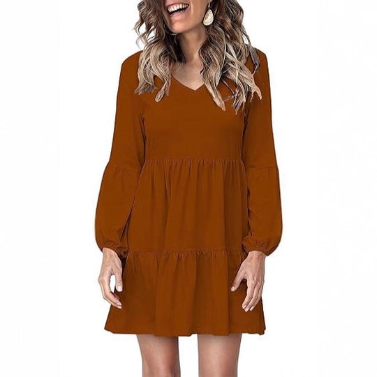 Damen Stufiges Mini-Kleid mit V-Ausschnitt und Ballonärmeln Shop Nory