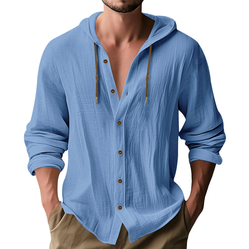 Herren nan leichtes Kapuzenhemdjacke aus Leinenoptik mit durchgehender Knopfleiste