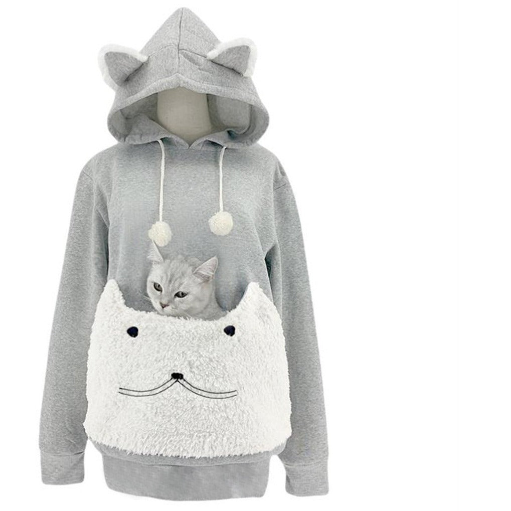 Damen Kuscheliger Kapuzenpullover mit Katzenmotiv und praktischer Känguru-Tasche
