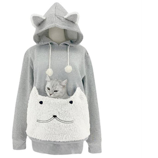 Damen Kuscheliger Kapuzenpullover mit Katzenmotiv und praktischer Känguru-Tasche