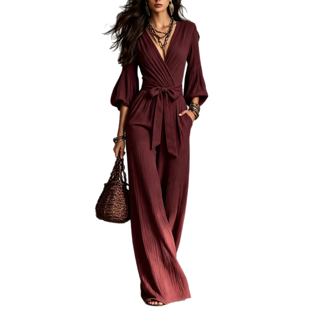 Damen Jumpsuit Wickel-Optik mit weitem Bein, Taillengürtel und Glockenärmeln Shop Nory