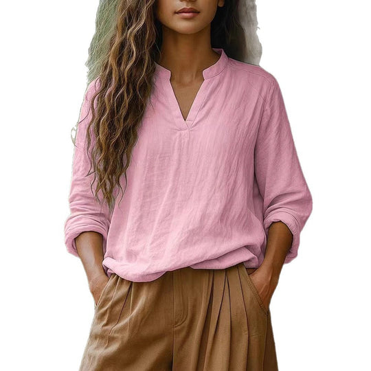 Damen Casual Tunika-Bluse in Leinenoptik mit kleinem Stehkragen und V‑Schlitz Shop Nory