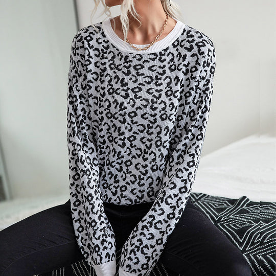 Damen Leichter Strukturstrick-Pullover mit Leoparden-Jacquard und geripptem Rundhalsausschnitt Shop Nory