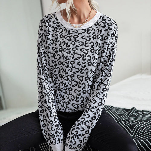Damen Leichter Strukturstrick-Pullover mit Leoparden-Jacquard und geripptem Rundhalsausschnitt Shop Nory