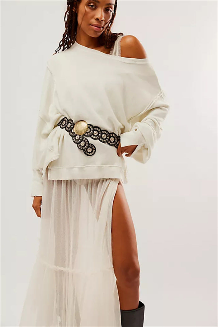 Damen oversized Sweatshirt mit Ballonärmeln, offenen Saumnähten und seitlichen Schlitzen Shop Nory