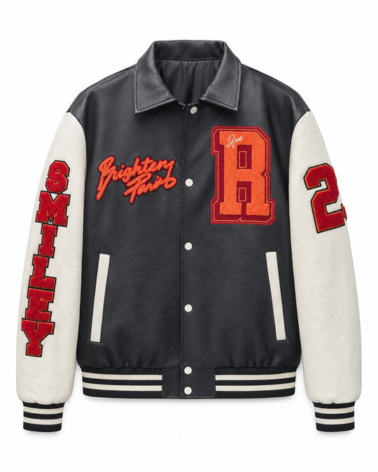 Herren Collegejacke im Letterman‑Stil mit Kunstleder‑Body, Kontrastärmeln und Chenille‑Patches Shop Nory
