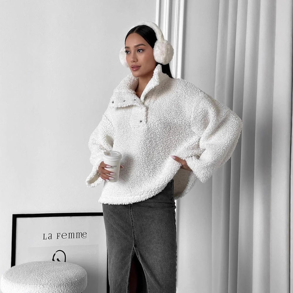 Damen Oversized Teddy-Pullover mit halber Druckknopfleiste und Stehkragen Shop Nory