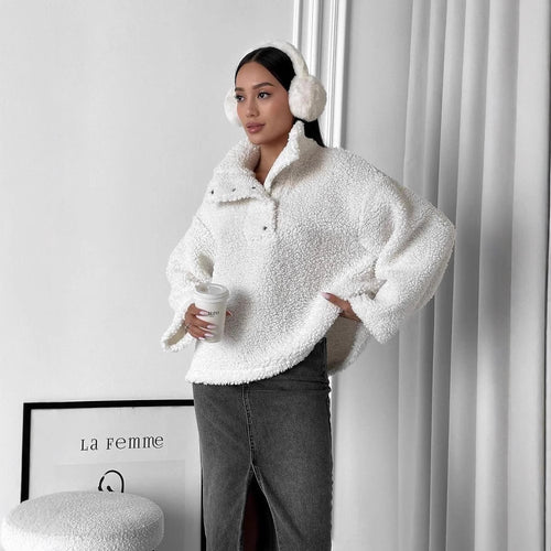 Damen Oversized Teddy-Pullover mit halber Druckknopfleiste und Stehkragen Shop Nory