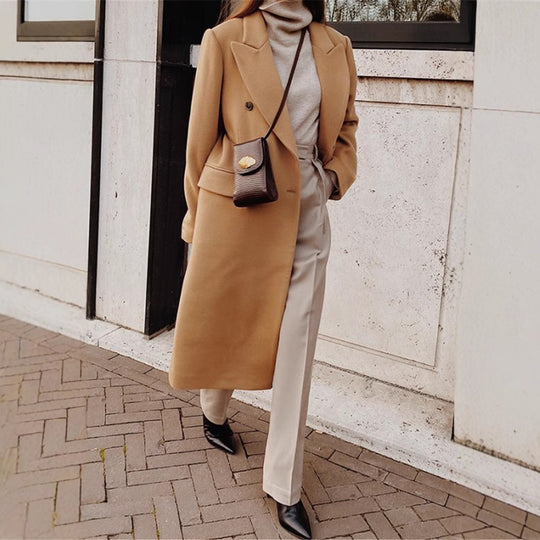 Frauen Doppelreiher Wollmischung Mantel mit oversized Schnitt und breiten Revers Shop Nory