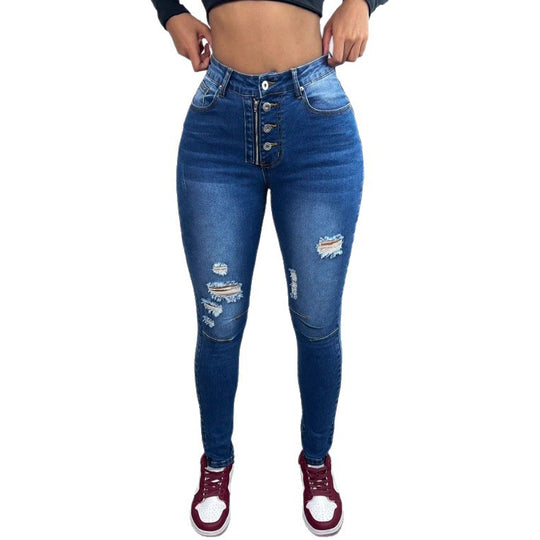 Damen Hochtaillierte Skinny-Jeans mit Mehrfach-Knopfleiste, Ripped-Details und sculptendem Stretchschnitt Shop Nory