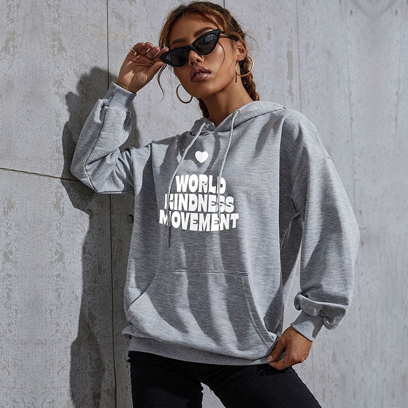 Damen Lässiger Oversize-Kapuzenpullover mit Statement-Print, Kängurutasche und Rippbündchen Shop Nory