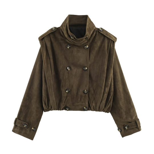 Damen Kurzgeschnittener Doppelreihiger Wildlederoptik-Bomber mit Stehkragen und Schulterpatten Shop Nory