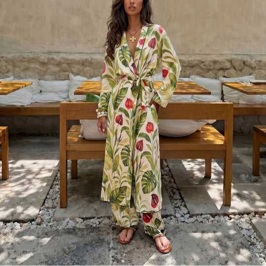 Damen Langer Kimono-Mantel mit Taillengürtel und weiter Palazzo-Hose im Tropenprint Shop Nory