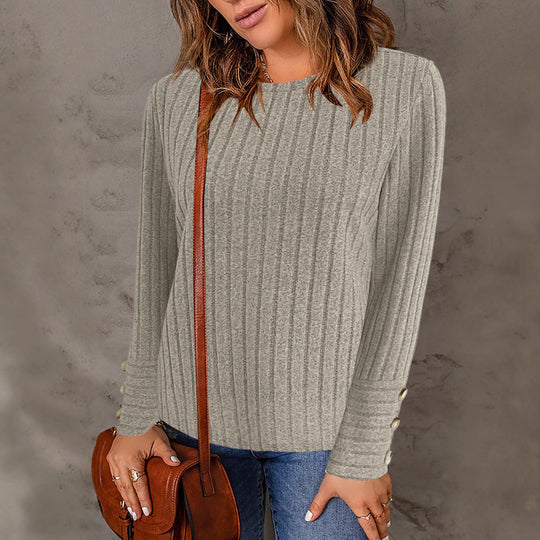 Damen Gerippter Feinstrickpullover mit Rundhalsausschnitt und Zierknopf‑Manschetten Shop Nory