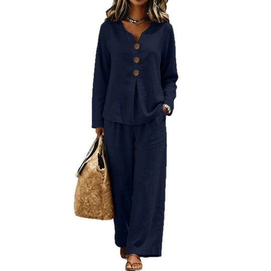 Damen Zweiteiliges Leinenoptik Lounge-Set mit V-Ausschnitt, Knopfbluse und weiten Palazzo-Hosen Shop Nory