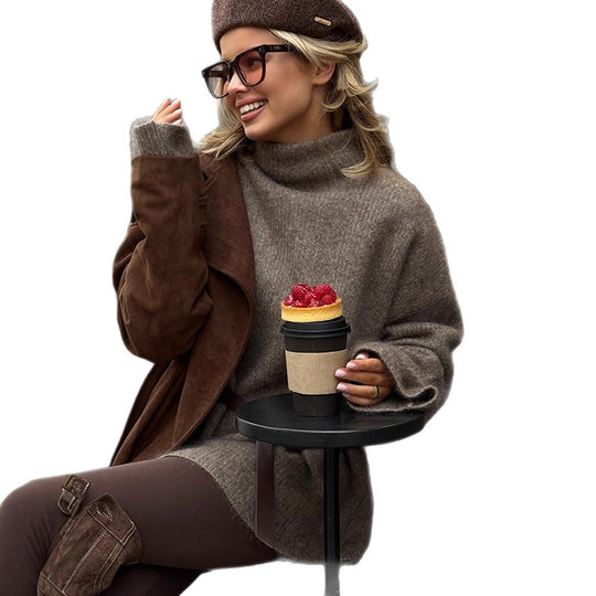 Damen Oversize Mohair-Mix Rollkragen-Pulloverkleid mit Ballonärmeln und Taillengürtel Shop Nory