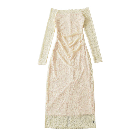 Damen Schulterfreies Spitzenkleid mit Taillenraffung und Langarm Shop Nory